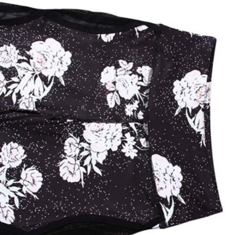 TRENDY MID WAIST FLORAL PRINT SPLICED SKINNY WOMEN YOGA PANTS (BLACK)