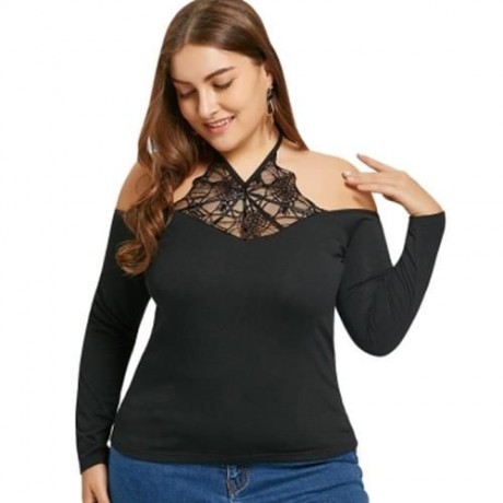 PLUS SIZE SPIDER NET LACE INSERT HALTER TOP (BLACK)