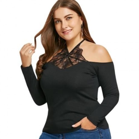 PLUS SIZE SPIDER NET LACE INSERT HALTER TOP (BLACK)