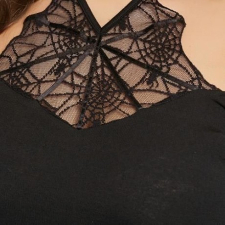PLUS SIZE SPIDER NET LACE INSERT HALTER TOP (BLACK)