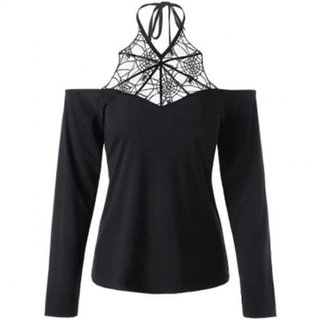 PLUS SIZE SPIDER NET LACE INSERT HALTER TOP (BLACK)