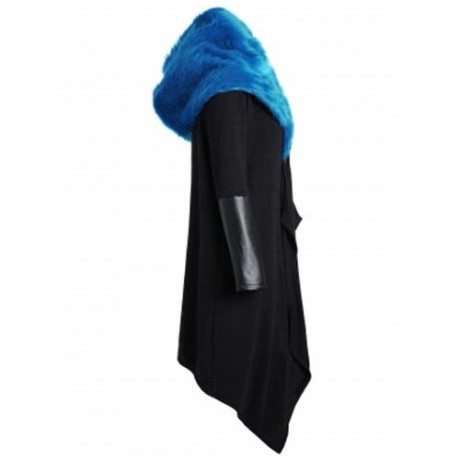 PLUS SIZE FAUX FUR INSERT HOODED ASYMMETRIC COAT (BLACK AND BLUE)