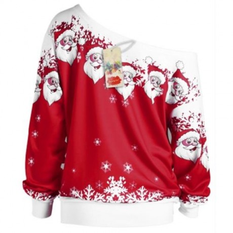 CHRISTMAS PLUS SIZE SANTA CLAUS SKEW COLLAR SWEATSHIRT (RED WITH WHITE)