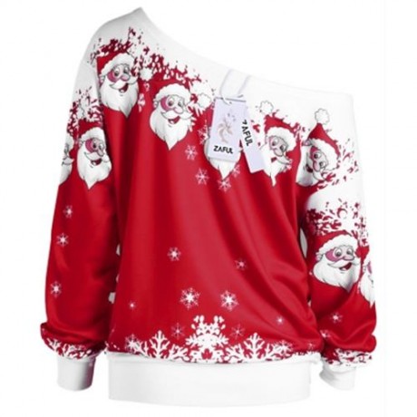 CHRISTMAS PLUS SIZE SANTA CLAUS SKEW COLLAR SWEATSHIRT (RED WITH WHITE)