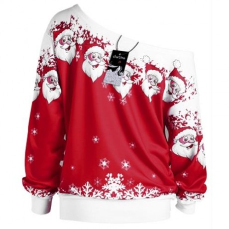 CHRISTMAS PLUS SIZE SANTA CLAUS SKEW COLLAR SWEATSHIRT (RED WITH WHITE)