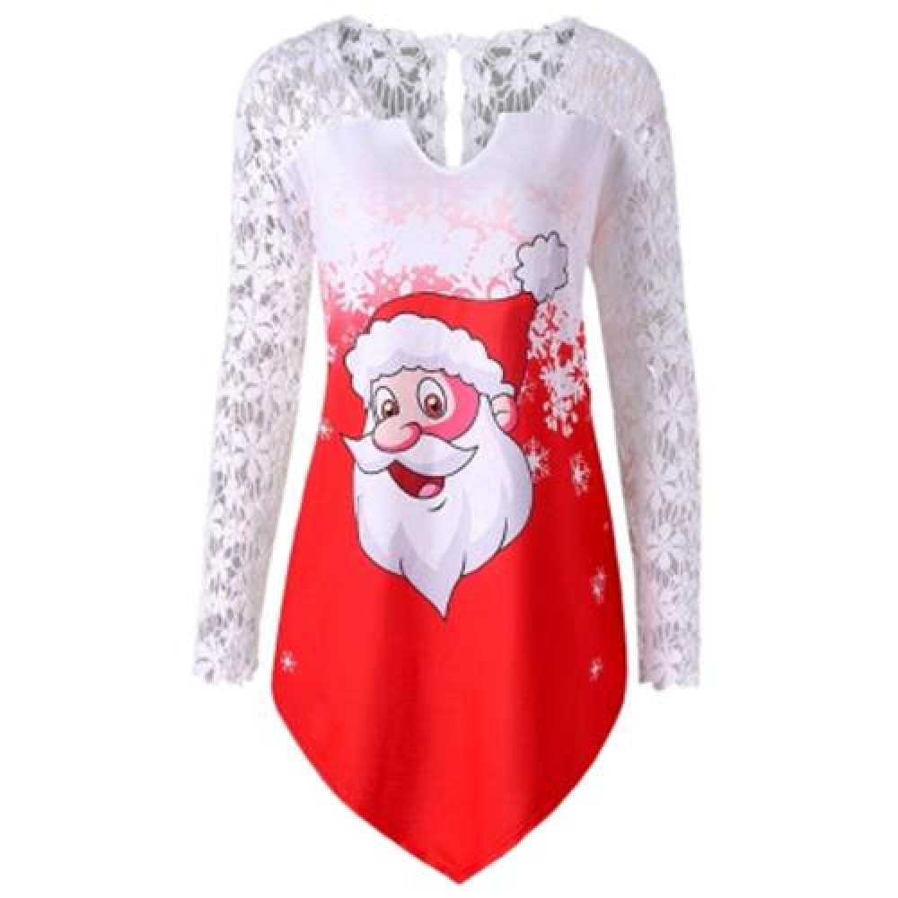 CHRISTMAS PLUS SIZE LACE TRIM SANTA CLAUS T-SHIRT (RED)