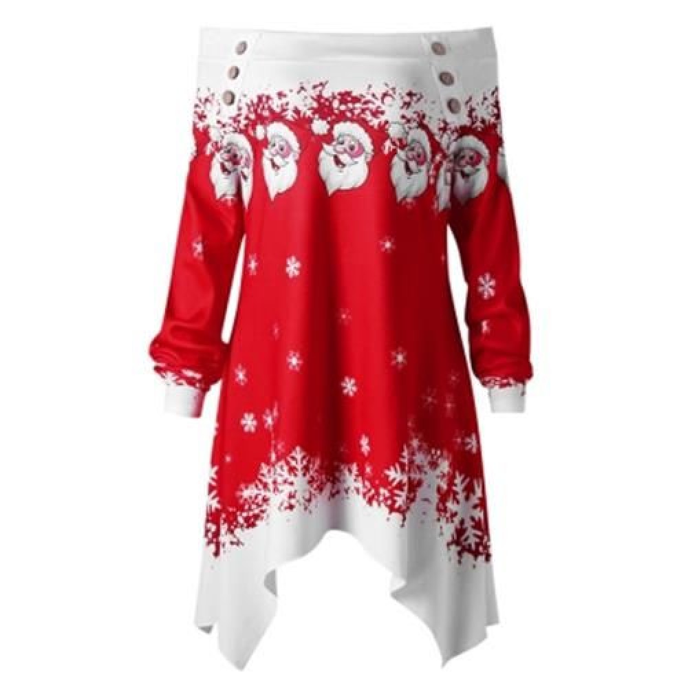 CHRISTMAS PLUS SIZE OFF THE SHOULDER TUNIC TOP (RED WITH WHITE)