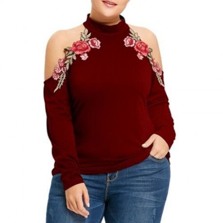 PLUS SIZE COLD SHOULDER FLORAL EMBROIDERED T-SHIRT (WINE RED)