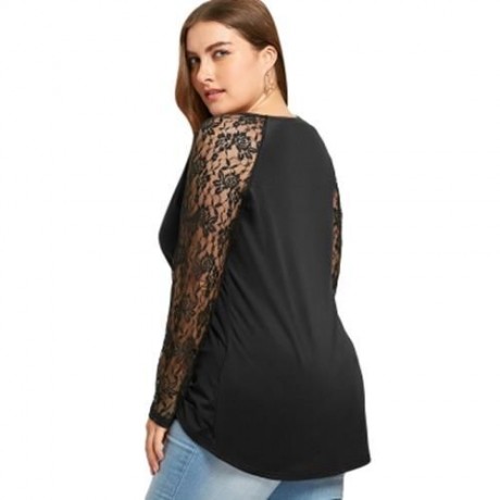 PLUS SIZE SHEER LACE TRIM TOP (BLACK)