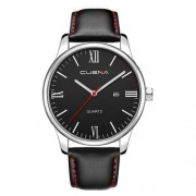 CUENA 6631P FASHION MEN QUARTZ WRISTWATCH GENUINE LEATHER WATCHBAND (BLACK BAND BLACK DIAL