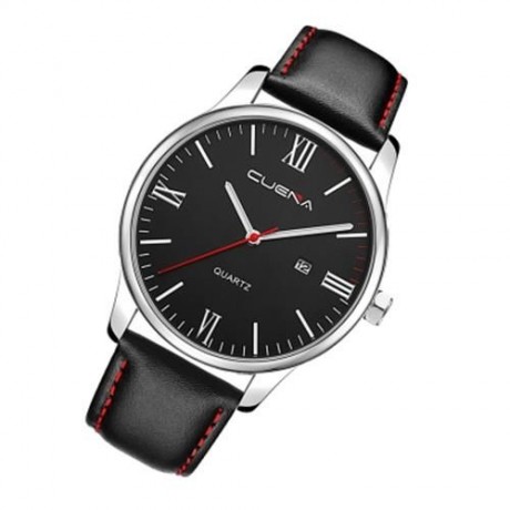 CUENA 6631P FASHION MEN QUARTZ WRISTWATCH GENUINE LEATHER WATCHBAND (BLACK BAND BLACK DIAL