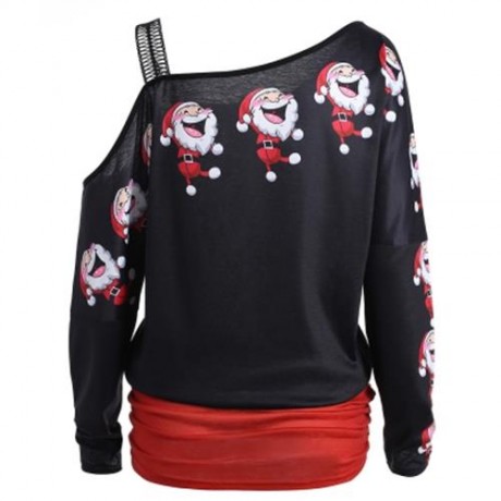 COLD SHOULDER SANTA CLAUS LAUGH PRINT T-SHIRT (BLACK)