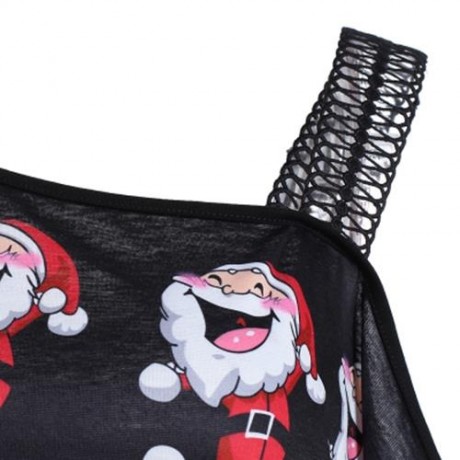COLD SHOULDER SANTA CLAUS LAUGH PRINT T-SHIRT (BLACK)