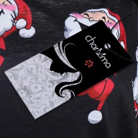 COLD SHOULDER SANTA CLAUS LAUGH PRINT T-SHIRT (BLACK)
