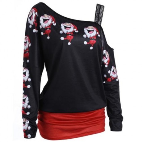 COLD SHOULDER SANTA CLAUS LAUGH PRINT T-SHIRT (BLACK)