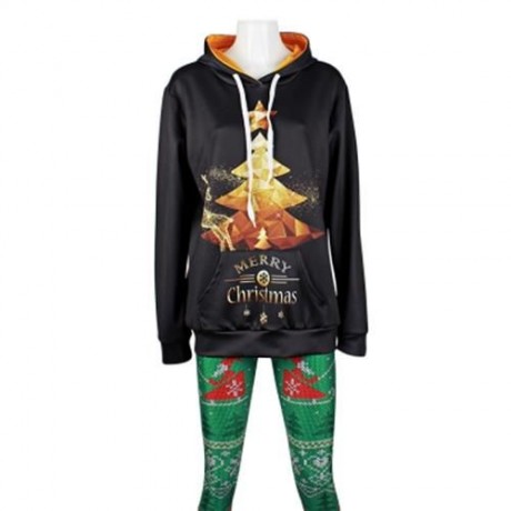 TRENDY LONG SLEEVE MERRY CHRISTMAS PRINT WOMEN HOODIE (BLACK)