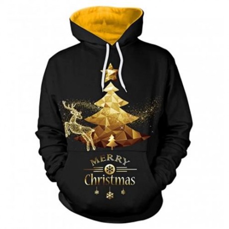 TRENDY LONG SLEEVE MERRY CHRISTMAS PRINT WOMEN HOODIE (BLACK)