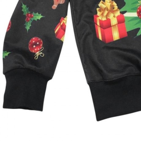 TRENDY ROUND COLLAR CHRISTMAS TREE PRINT WOMEN SWEATSHIRT (BLACK)