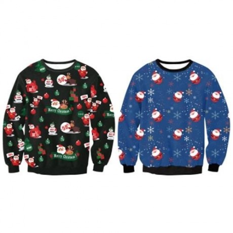 TRENDY ROUND COLLAR SANTA CLAUS PRINT WOMEN SWEATSHIRT (BLUE)