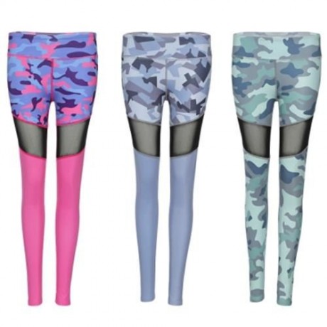 TRENDY CAMOUFLAGE MESH SPLICED SKINNY WOMEN YOGA PANTS (PINK)