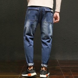 ZIPPER FLY PANEL BLEACHED HAREM JEANS (DENIM BLUE)