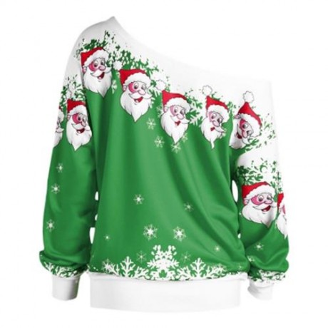 CHRISTMAS PLUS SIZE SANTA CLAUS SKEW COLLAR SWEATSHIRT (GREEN)