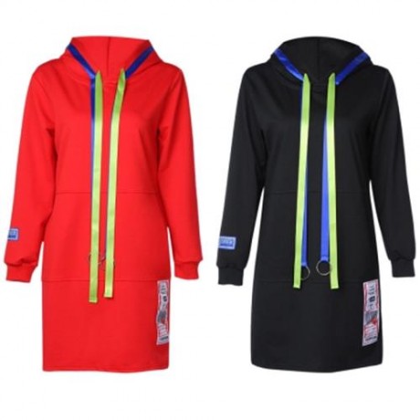 HOODED LONG SLEEVE DRAWSTRING LOOSE POCKET WOMEN HOODIE (BLACK)