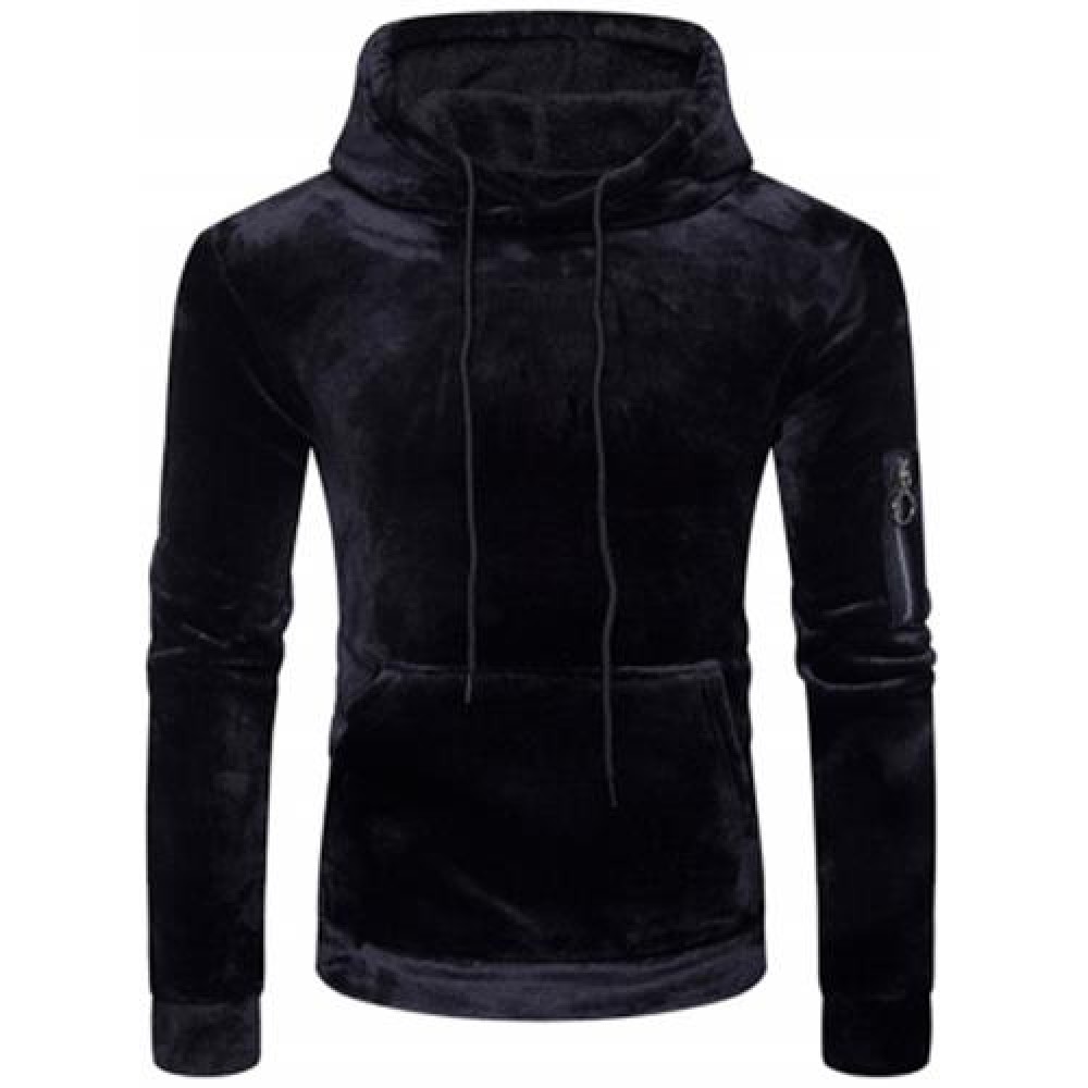 KANGAROO POCKET VELVET HOODIE WITH SLEEVE POCKET (BLACK)