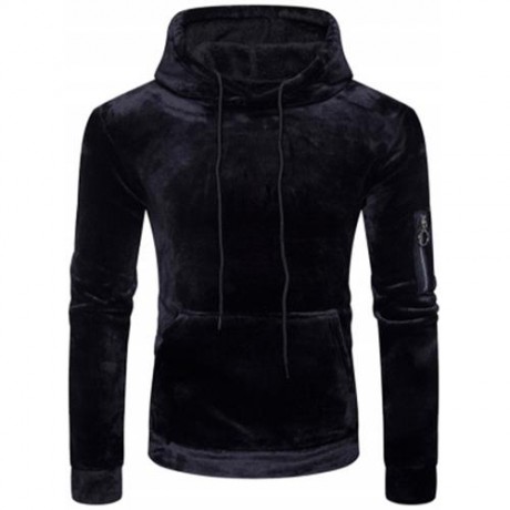 KANGAROO POCKET VELVET HOODIE WITH SLEEVE POCKET (BLACK)