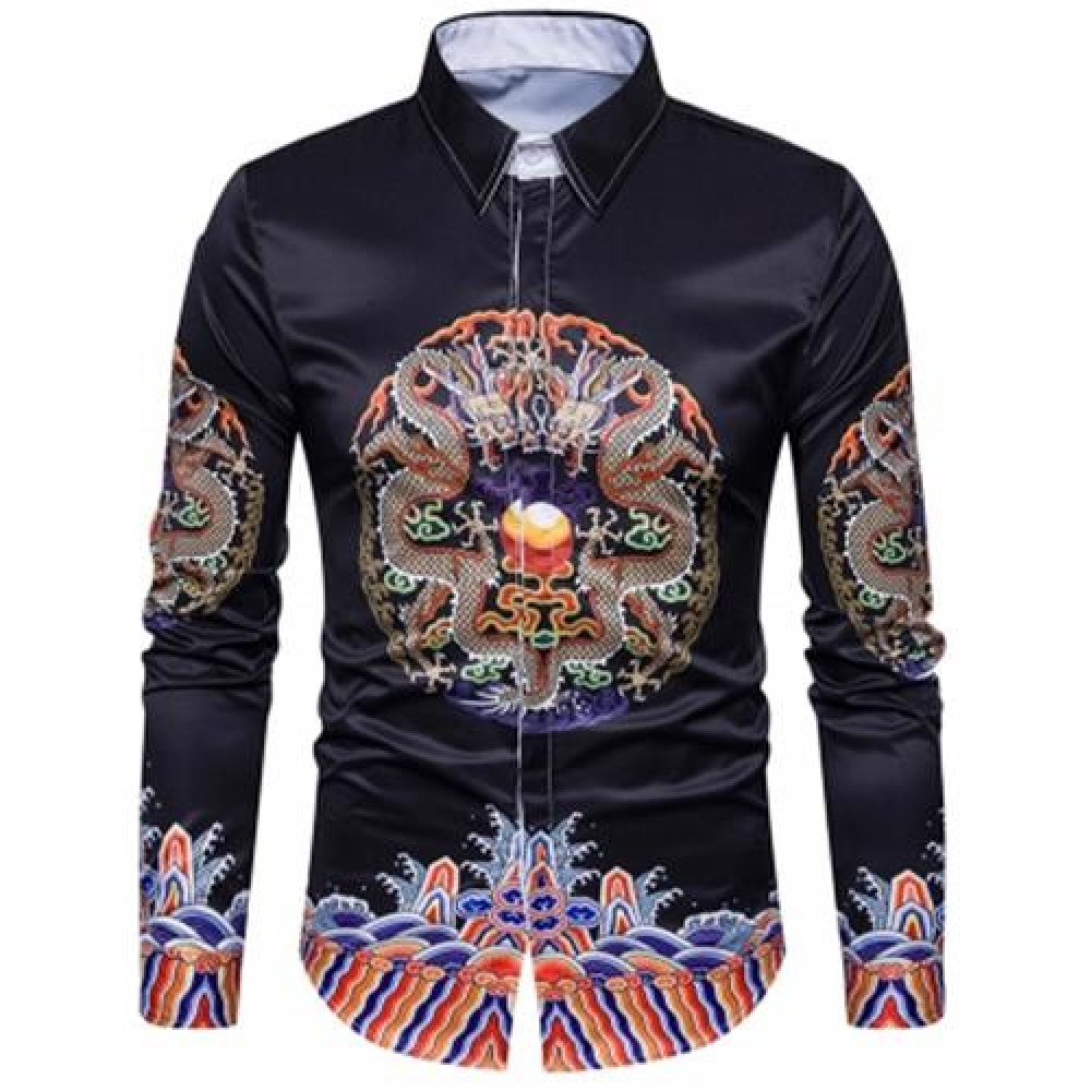 TURNDOWN COLLAR SYMMETRICAL CHINOISERIE DRAGON PRINT SHIRT (COLORMIX)