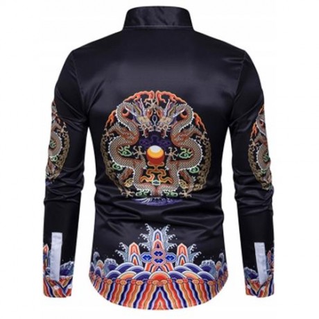 TURNDOWN COLLAR SYMMETRICAL CHINOISERIE DRAGON PRINT SHIRT (COLORMIX)