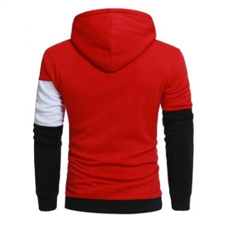 DRAWSTRING COLOR BLOCK PANEL FLEECE PULLOVER HOODIE (RED)
