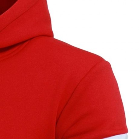 DRAWSTRING COLOR BLOCK PANEL FLEECE PULLOVER HOODIE (RED)