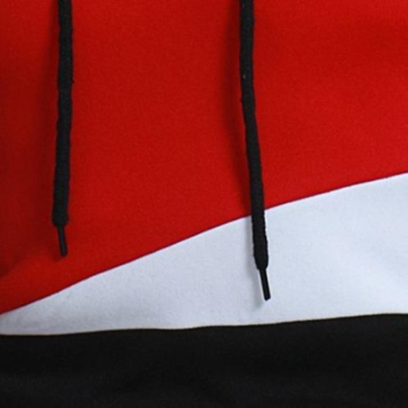 DRAWSTRING COLOR BLOCK PANEL FLEECE PULLOVER HOODIE (RED)