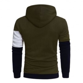 DRAWSTRING COLOR BLOCK PANEL FLEECE PULLOVER HOODIE (ARMY GREEN)