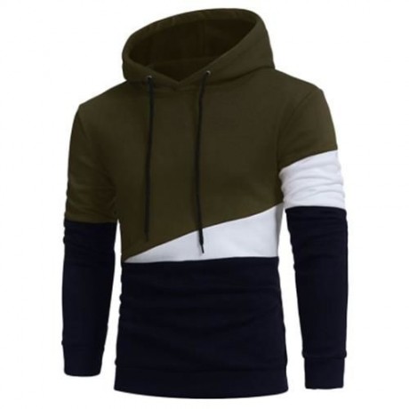 DRAWSTRING COLOR BLOCK PANEL FLEECE PULLOVER HOODIE (ARMY GREEN)