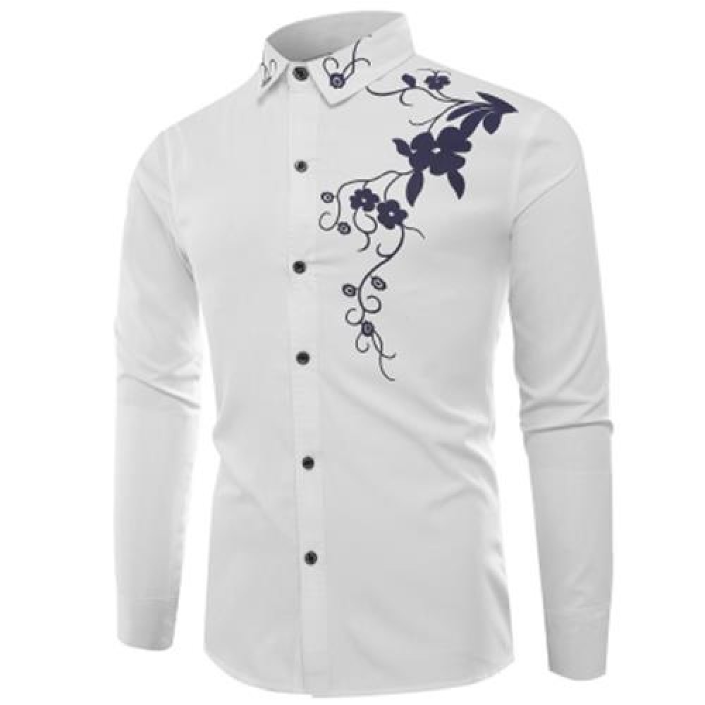 TURNDOWN COLLAR FLOWERS PRINT LONG SLEEVE SHIRT (WHITE)