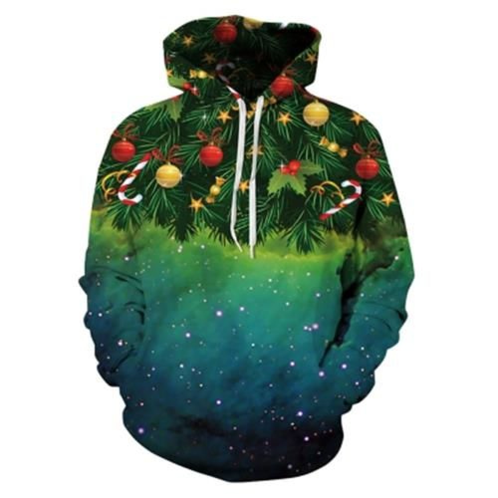 CHRISTMAS TREE PRINT KANGAROO POCKET HOODIE (GREEN)