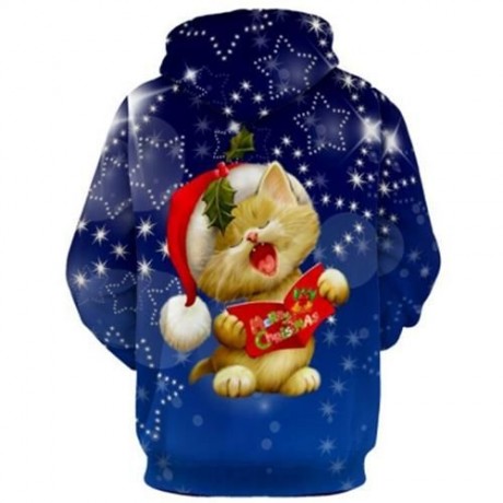 CHRISTMAS ANIMAL PRINT PULLOVER HOODIE (BLUE)