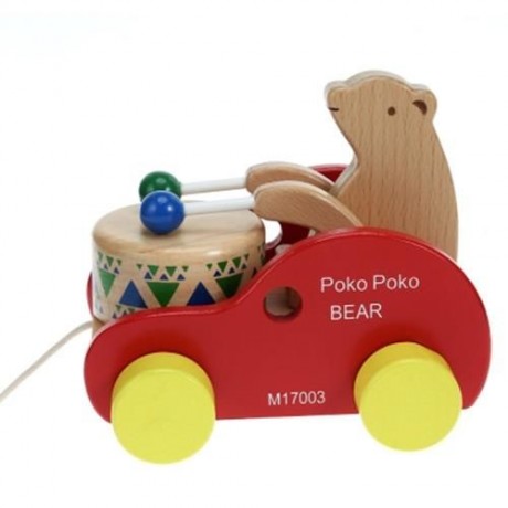 WOODEN BEAR DRUM DRAG CAR EDUCATIONAL TOY (MULTICOLOR)