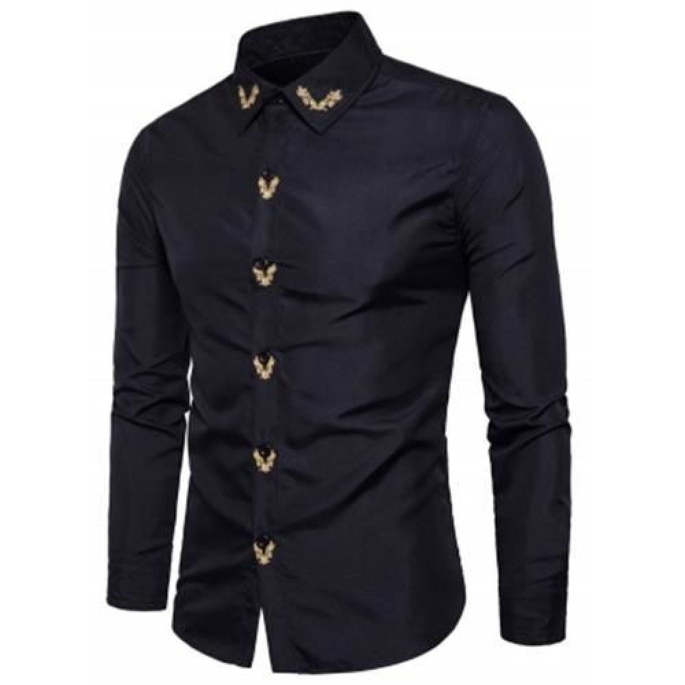 TURNDOWN COLLAR FLORAL EMBROIDERED SHIRT (BLACK)