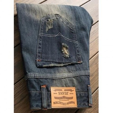 DESTROYED PATCH DESIGN FRAYED HEM JEANS (DENIM BLUE)