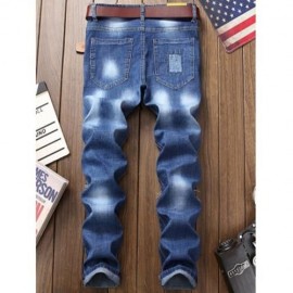 FLAG GRAPHIC PRINT STRAIGHT DISTRESSED JEANS (BLUE)