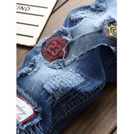 FLAG GRAPHIC PRINT STRAIGHT DISTRESSED JEANS (BLUE)