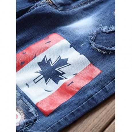 FLAG GRAPHIC PRINT STRAIGHT DISTRESSED JEANS (BLUE)