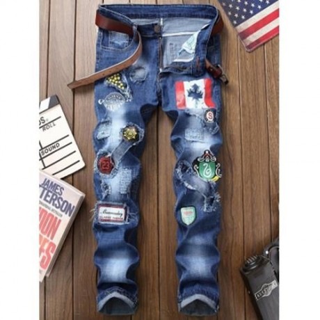 FLAG GRAPHIC PRINT STRAIGHT DISTRESSED JEANS (BLUE)