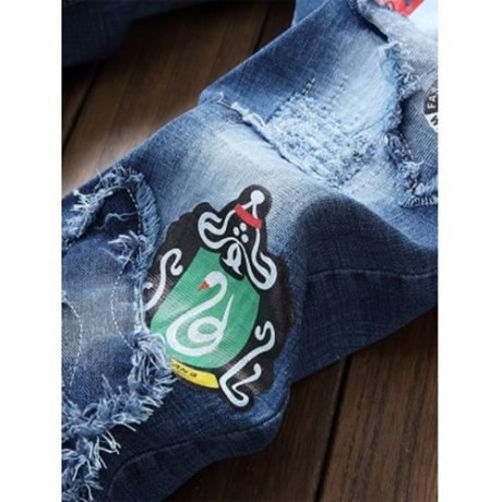 FLAG GRAPHIC PRINT STRAIGHT DISTRESSED JEANS (BLUE)