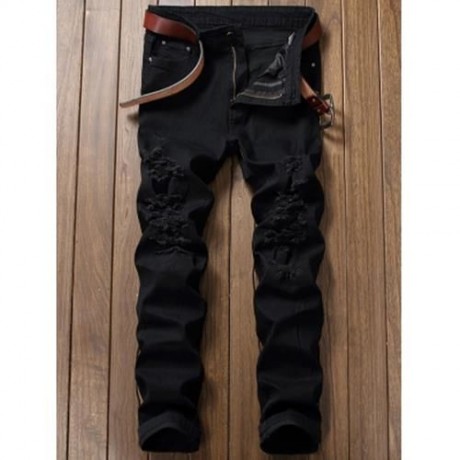 ZIP FLY STRAIGHT JEANS WITH EXTREME RIPS (BLACK)