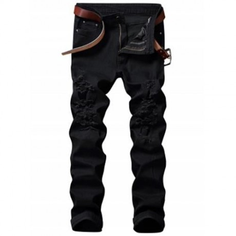 ZIP FLY STRAIGHT JEANS WITH EXTREME RIPS (BLACK)