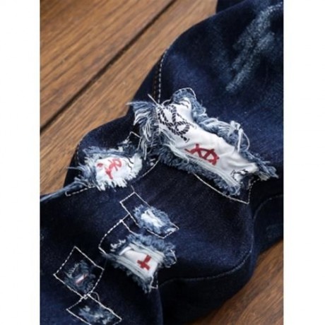 STRAIGHT LEG APPLIQUE INSERT DISTRESSED JEANS (DEEP BLUE)